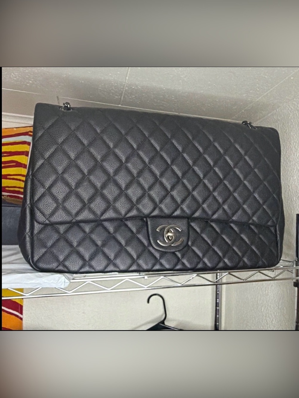 CHANEL XXL Black Quilted Flap Shoulder Bag with Silver-Tone CC Lock
